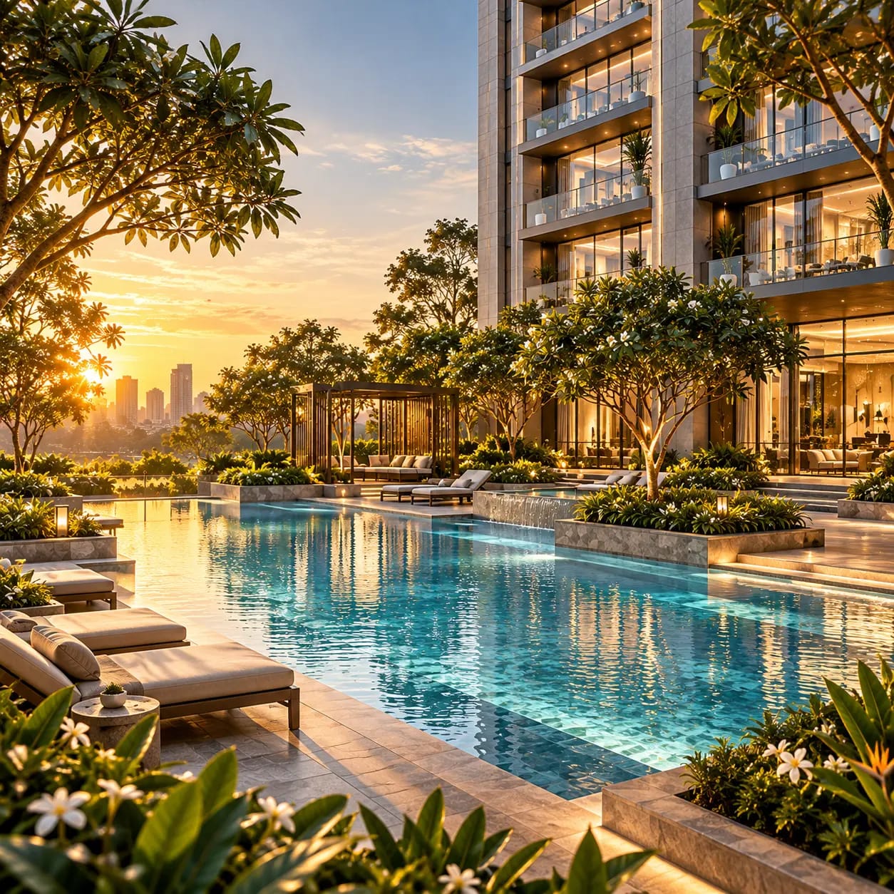 A resort-style swimming pool framed by landscaped gardens