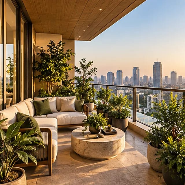 A quiet terrace with soft evening light and planted greenery