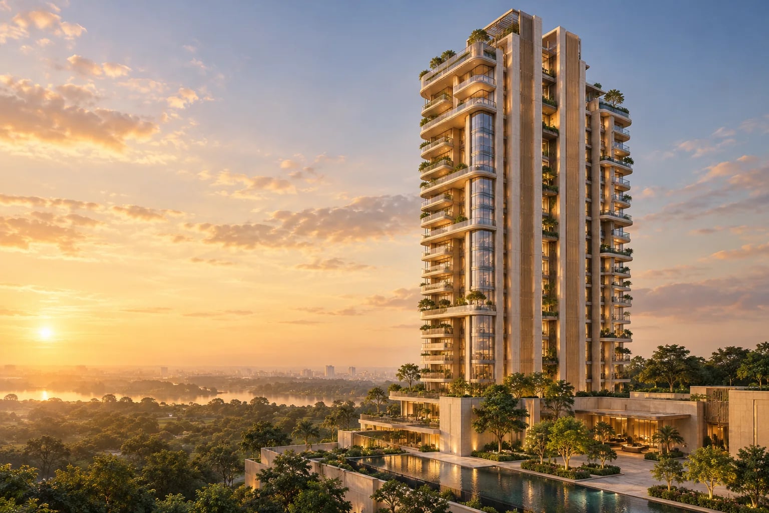 The Skyline residential tower at sunset, its terraces planted with greenery above a landscaped pool deck